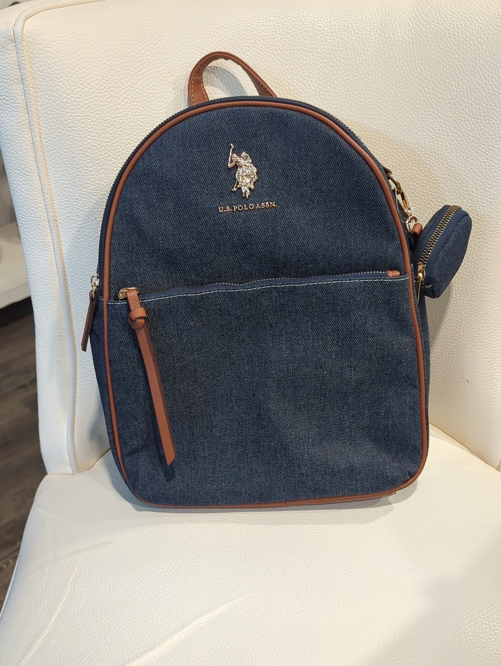 U.S. Polo Assn. Dark Blue Denim Backpack with Brown Trim
